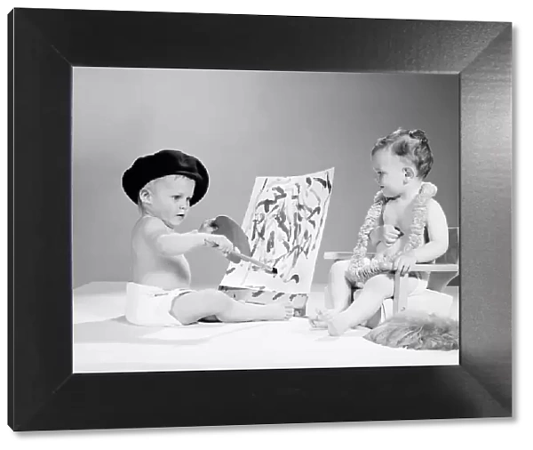 Two babies, one wearing beret and holding artists palette, the other sitting on chair