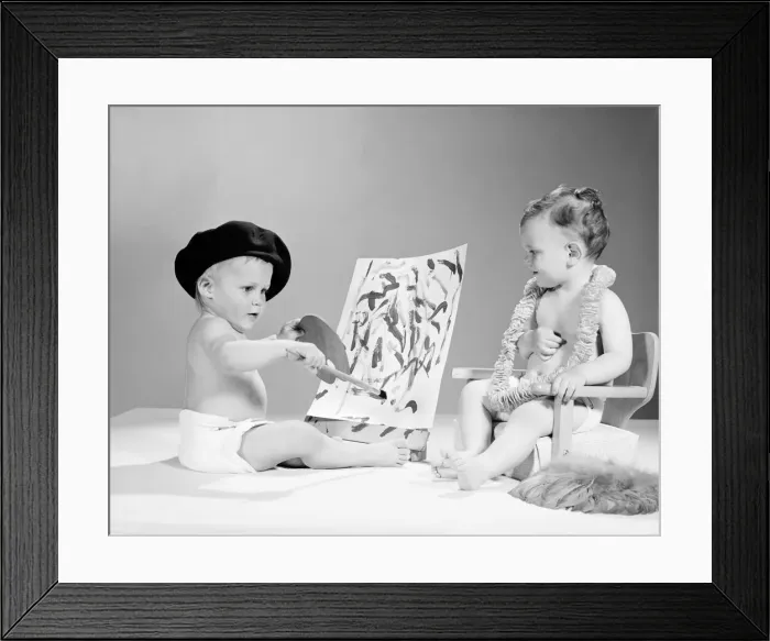 Framed Print : Two babies, one wearing beret and holding artists palette, the other sitting on chair