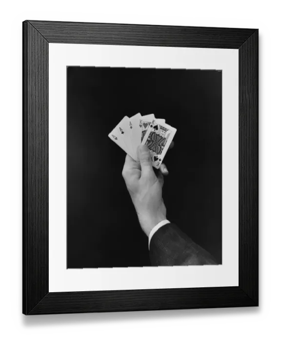 Framed Print : Mans hand holding full house poker card hand. (Photo by H Framed Print : Mans hand holding full house poker card hand. (Photo by H