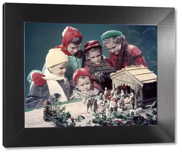 5 Children Boys Girls Looking In Window At Nativity Scene Creche Display All Kids Wear