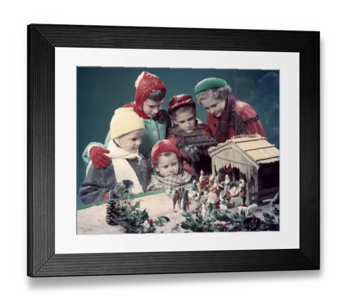 Framed Print : 5 Children Boys Girls Looking In Window At Nativity Scene Creche Display All Kids Wear Framed Print : 5 Children Boys Girls Looking In Window At Nativity Scene Creche Display All Kids Wear