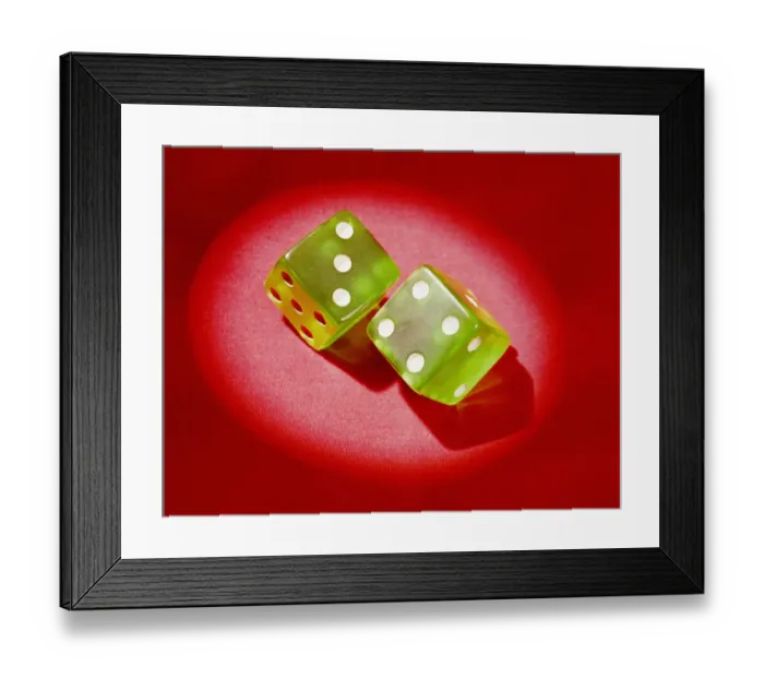 Framed Print : Pair of green plastic dice, showing lucky 7. (Photo by H Framed Print : Pair of green plastic dice, showing lucky 7. (Photo by H