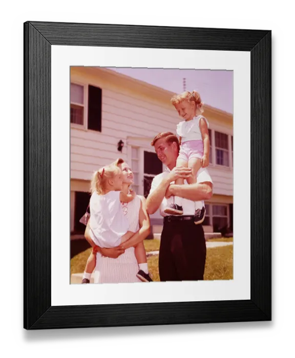 Framed Print : Family outside suburban home. (Photo by H. Armstrong Roberts / Retrofile / Getty Images) Framed Print : Family outside suburban home. (Photo by H. Armstrong Roberts / Retrofile / Getty Images)