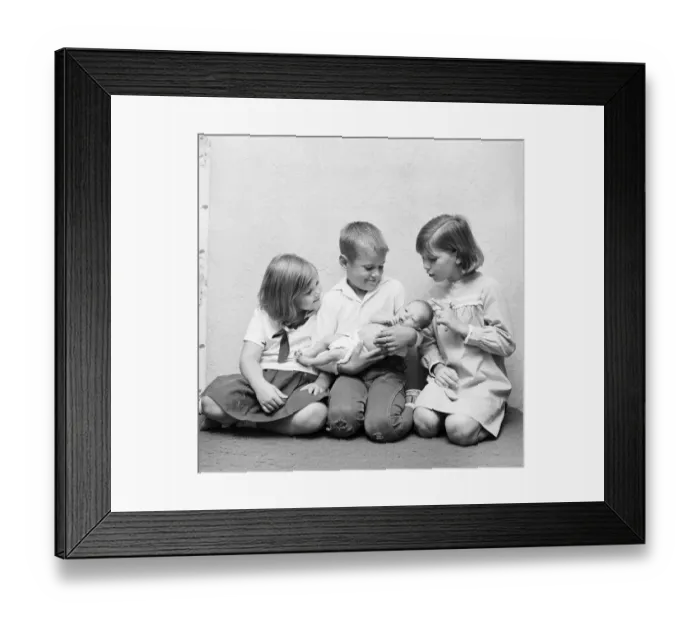 Framed Print : Brother holding baby sister, two sisters looking Framed Print : Brother holding baby sister, two sisters looking