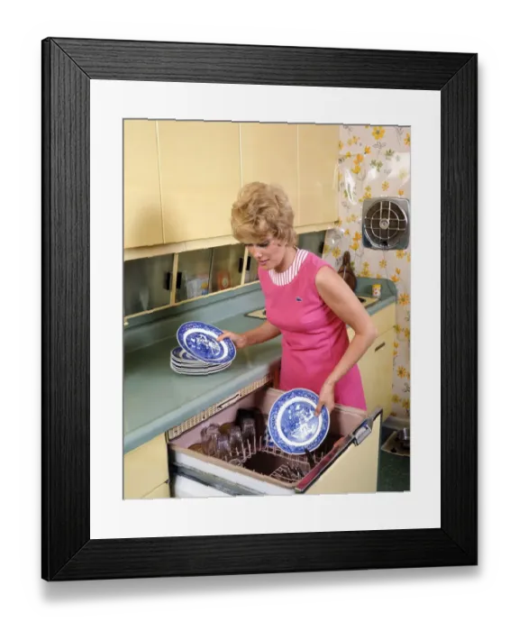 Framed Print : Woman Housewife Washing Dishes (1970 1970s) Dishwasher Kitchen Retro Framed Print : Woman Housewife Washing Dishes (1970 1970s) Dishwasher Kitchen Retro