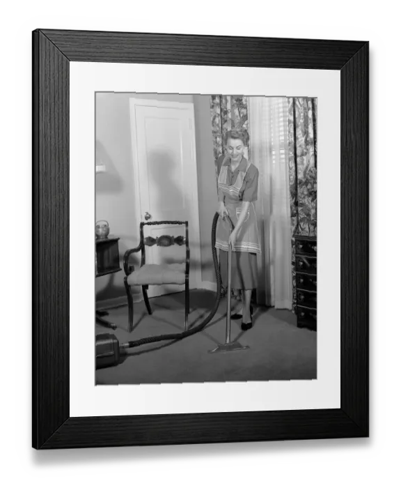 Framed Print : Woman Housewife Wear Apron Living Room Run Vacuum Cleaner Door Window With Curtains