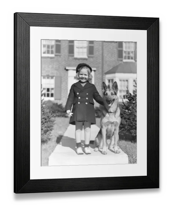 Framed Print : Smiling Girl With A German Shepherd Wearing A Tam & Brass 6 Button Navy Overcoat With Framed Print : Smiling Girl With A German Shepherd Wearing A Tam & Brass 6 Button Navy Overcoat With