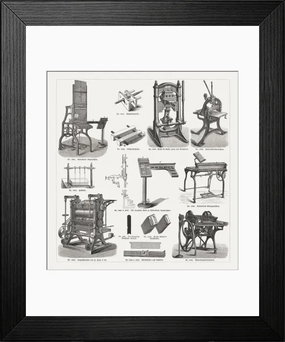 Framed Print : Printing equipment in the 19th century, wood engravings, published 1893 Framed Print : Printing equipment in the 19th century, wood engravings, published 1893