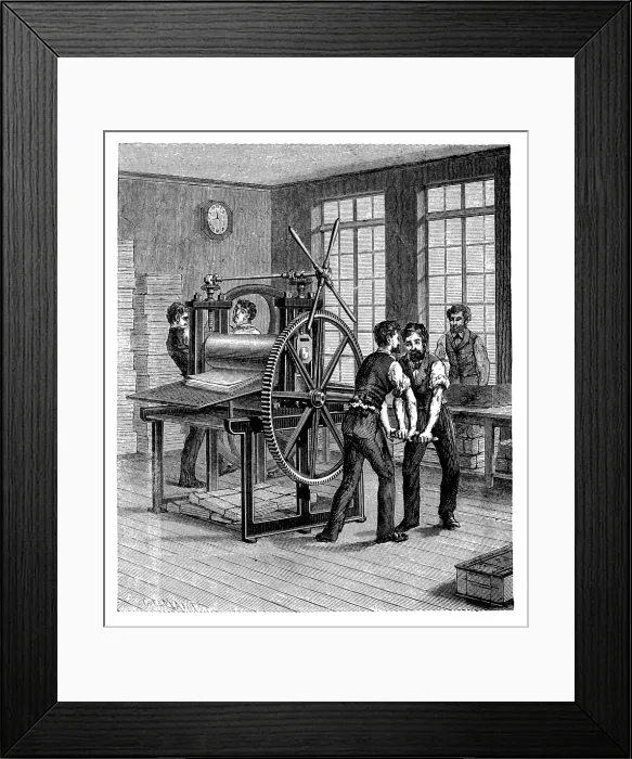 Framed Print : Antique illustration of book production, printing press, typography Framed Print : Antique illustration of book production, printing press, typography