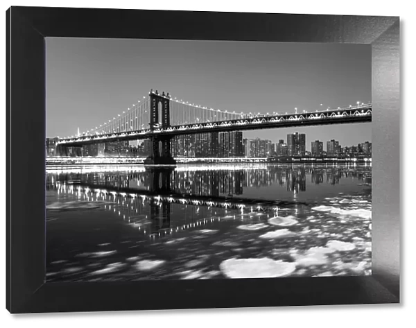Black and White, Frozen East River, Manhattan Bridge, New York City, New York, America