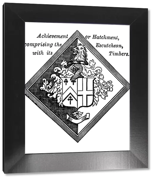 Old engraved illustration of Heraldry, Achievement or hatchment