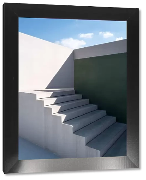 Abstract architectural corner staircase with sun rays effect, 3D rendering