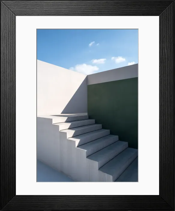 Framed Print : Abstract architectural corner staircase with sun rays effect, 3D rendering