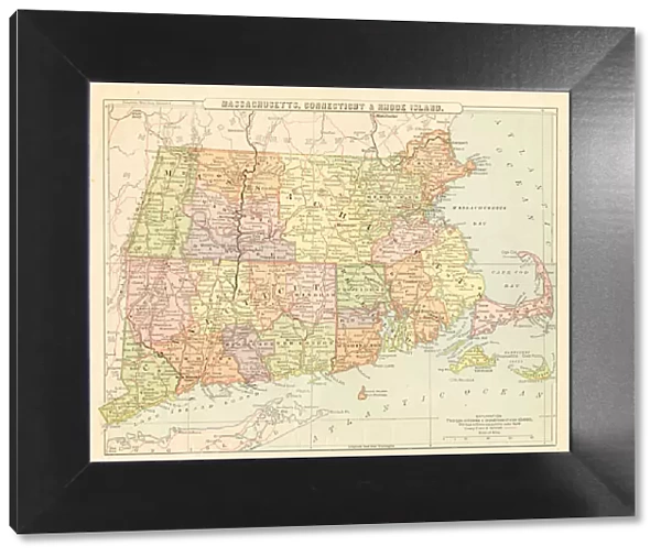Map Massachusetts, Connecticut, Rhode Island 1881