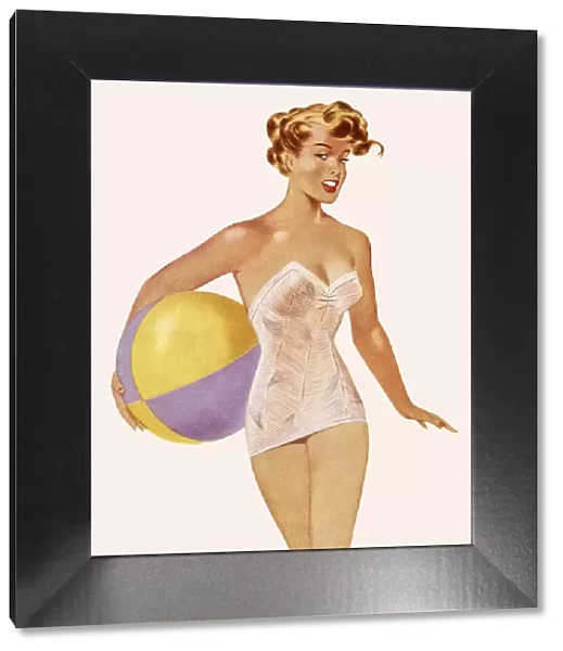 Woman in Bathing Suit Holding a Beach Ball