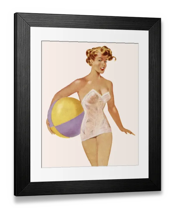 Framed Print : Woman in Bathing Suit Holding a Beach Ball Framed Print : Woman in Bathing Suit Holding a Beach Ball