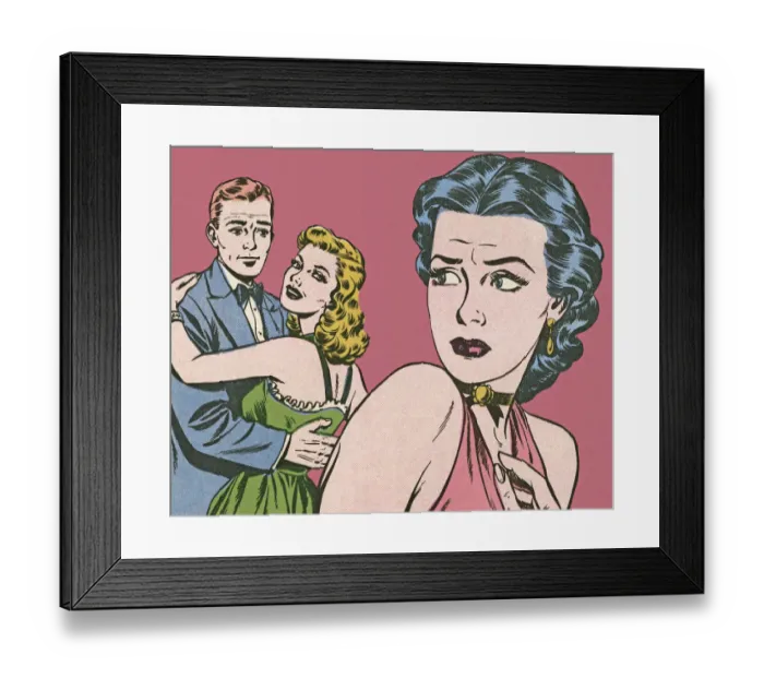 Framed Print : Couple Hugging and Jealous Woman Framed Print : Couple Hugging and Jealous Woman