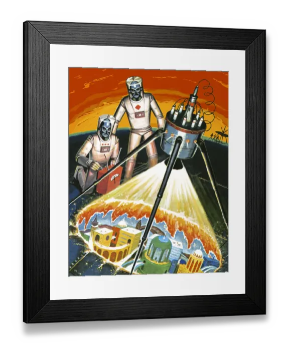 Framed Print : Alien Spacemen Overseeing a Village Framed Print : Alien Spacemen Overseeing a Village