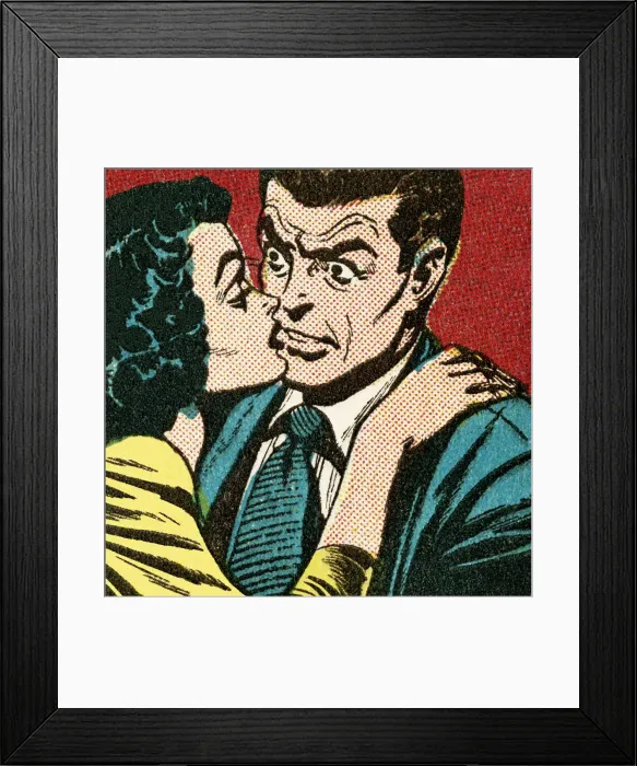 Framed Print : Woman Kissing a Surprised Man
