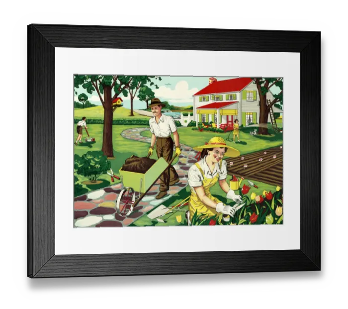 Framed Print : Family Working in the Yard Framed Print : Family Working in the Yard