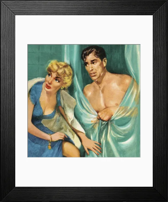 Framed Print : Woman Next to Man Behind a Curtain Framed Print : Woman Next to Man Behind a Curtain