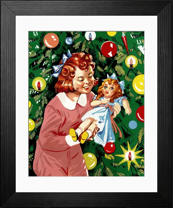 Framed Print : Girl Holding a Doll by a Christmas Tree Framed Print : Girl Holding a Doll by a Christmas Tree