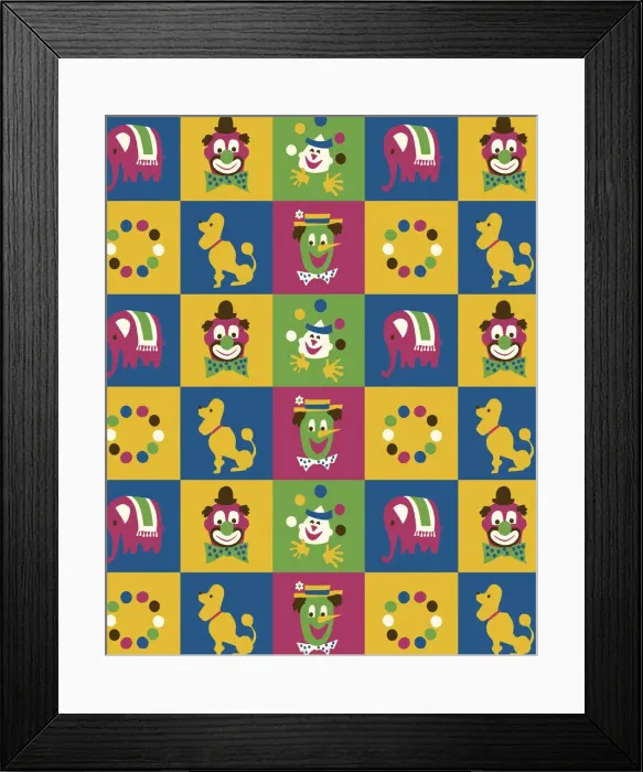 Framed Print : Pattern of Clowns and Circus Animals Framed Print : Pattern of Clowns and Circus Animals