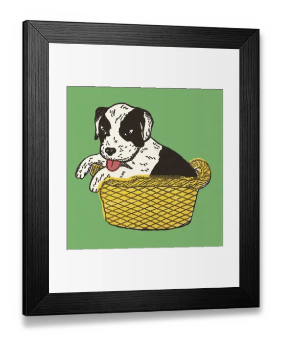 Framed Print : Puppy in a Basket Framed Print : Puppy in a Basket