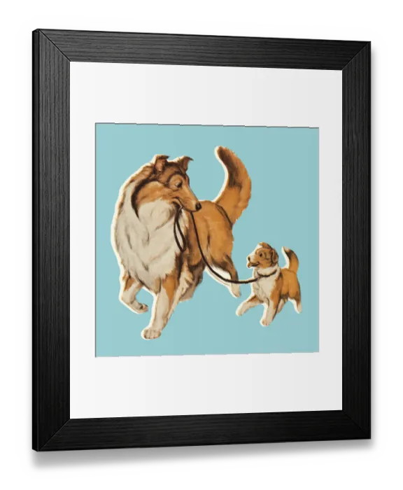 Framed Print : Dog with Puppy on Leash Framed Print : Dog with Puppy on Leash