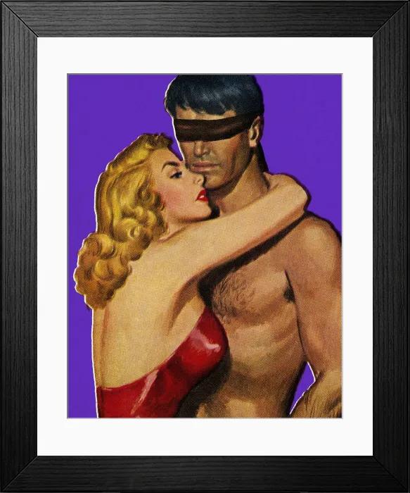 Framed Print : Woman Hugging Blindfolded Man