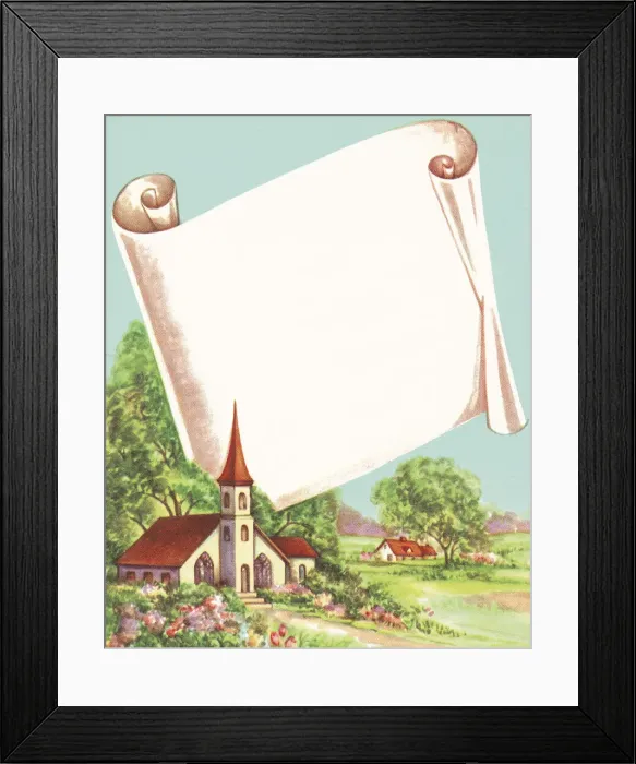 Framed Print : Church Landscape and Scroll Framed Print : Church Landscape and Scroll