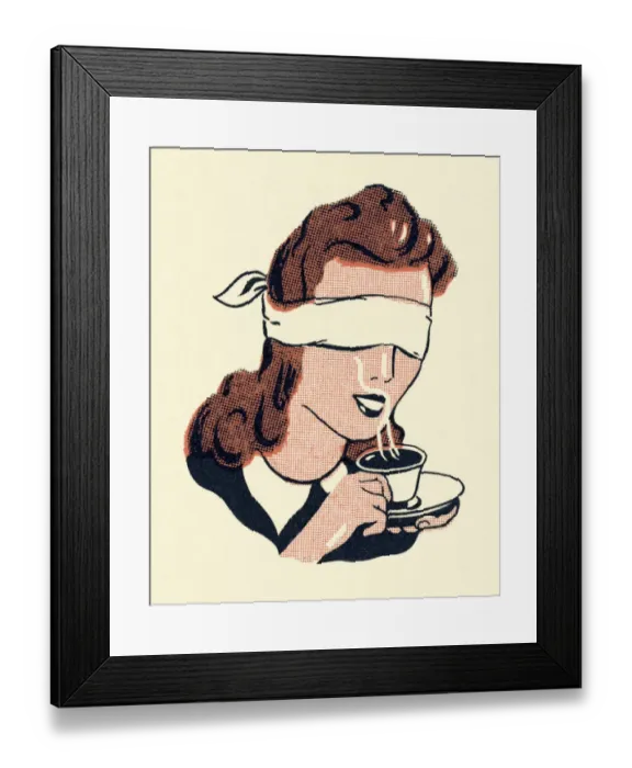 Framed Print : Blindfolded Woman Drinking Coffee