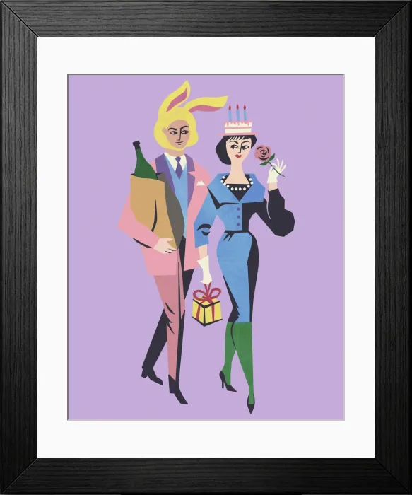 Framed Print : Bizarre Couple with Rabbit Ears and Birthday Cake on Heads Framed Print : Bizarre Couple with Rabbit Ears and Birthday Cake on Heads