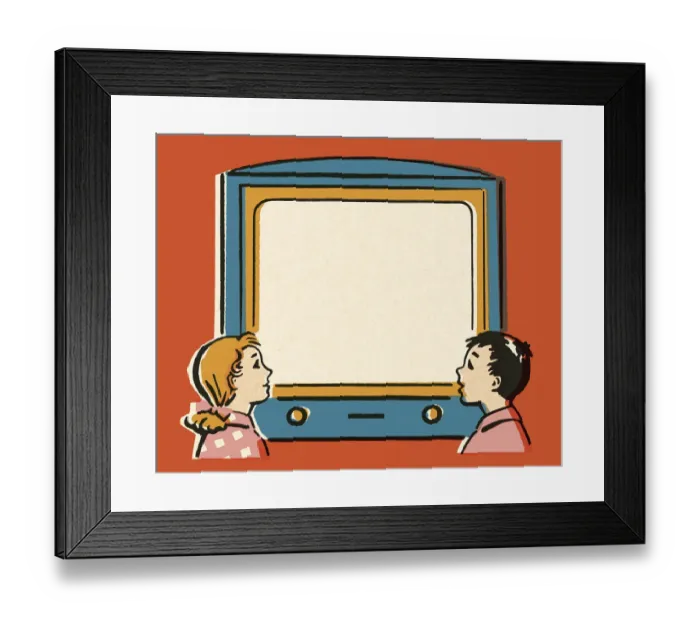Framed Print : Boy and Girl Looking at a Television Screen