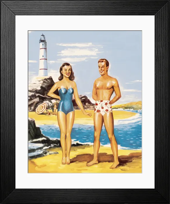 Framed Print : Couple on the Beach by a Lighthouse Framed Print : Couple on the Beach by a Lighthouse