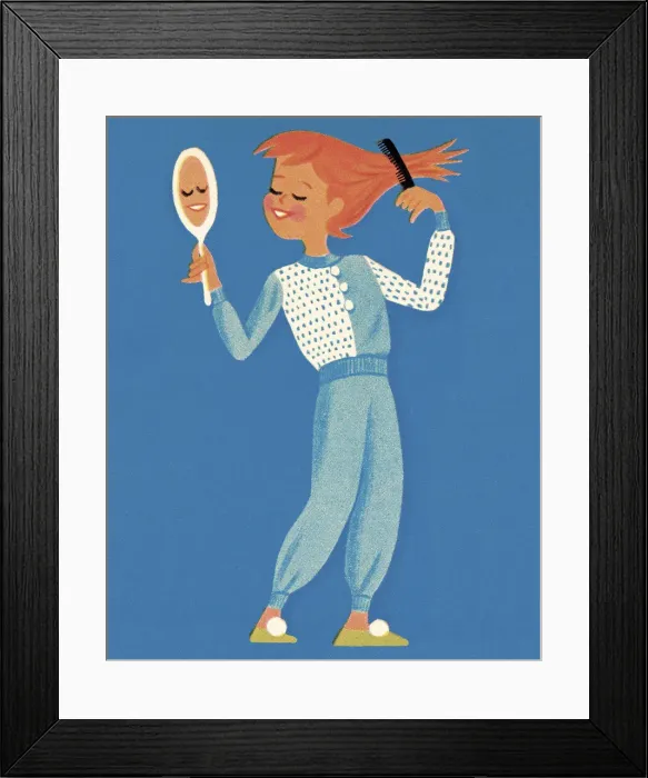 Framed Print : Girl Combing Hair Looking in a Mirror Framed Print : Girl Combing Hair Looking in a Mirror