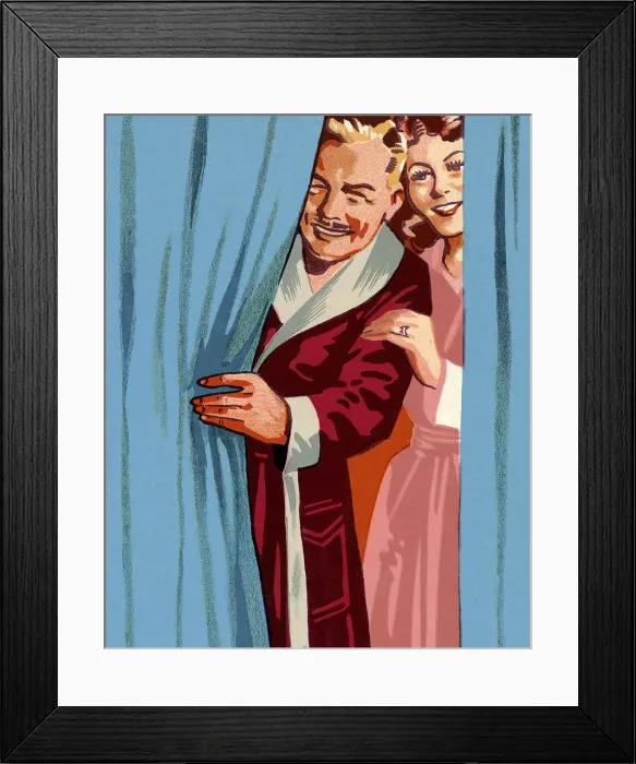 Framed Print : Man and Woman Looking Past a Curtain Framed Print : Man and Woman Looking Past a Curtain