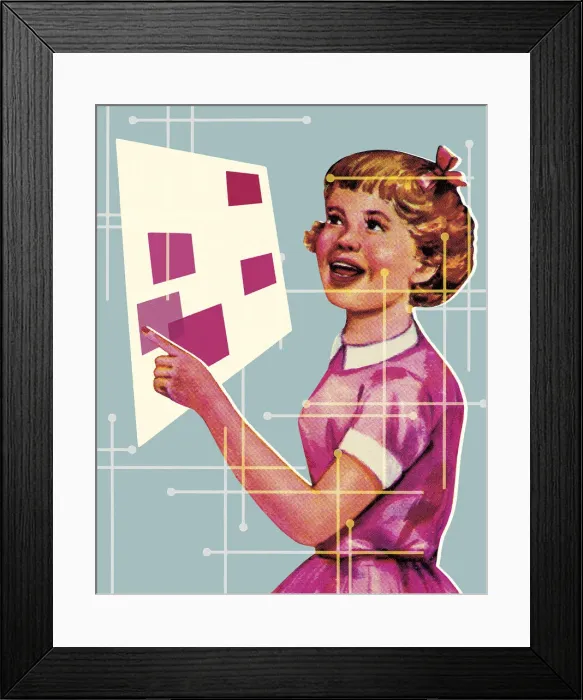 Framed Print : Girl Pointing to Rectangles on a Poster Framed Print : Girl Pointing to Rectangles on a Poster