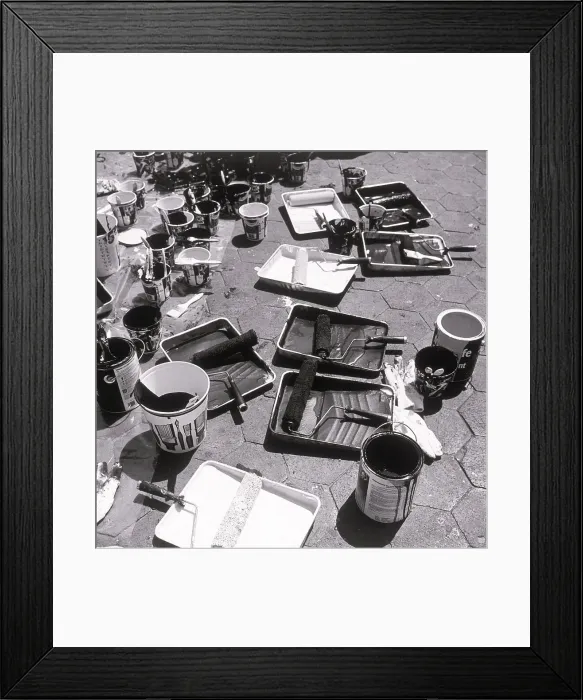 Framed Print : Paint supplies spread out on street Framed Print : Paint supplies spread out on street
