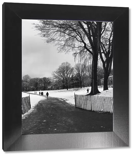 People walking on a path through a snow covered park