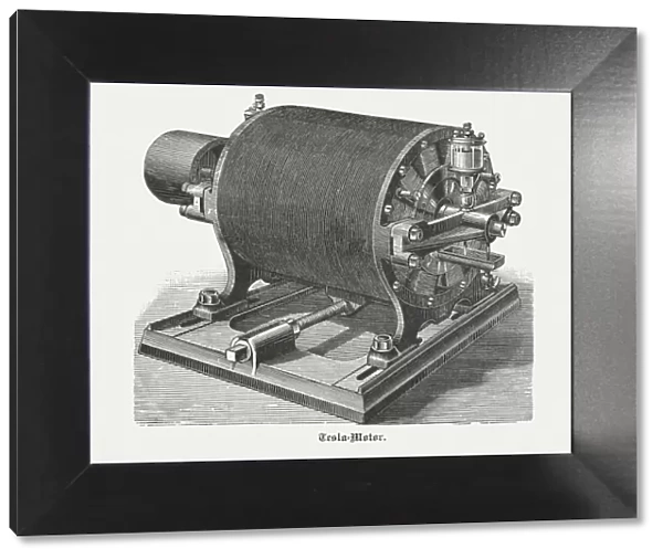 Historic Tesla motor with 12 Poles, wood engraving, published 1898