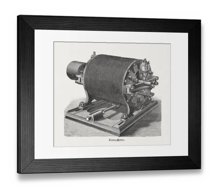 Framed Print : Historic Tesla motor with 12 Poles, wood engraving, published 1898 Framed Print : Historic Tesla motor with 12 Poles, wood engraving, published 1898