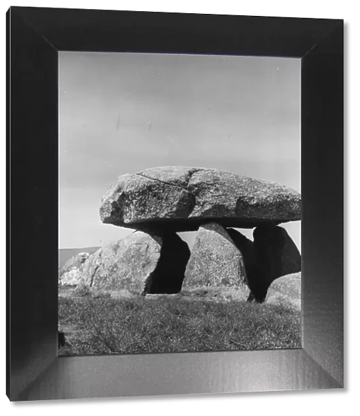 Megalith. circa 1950: A megalithic tomb, or Dolmen, near Posekjaer in Denmark