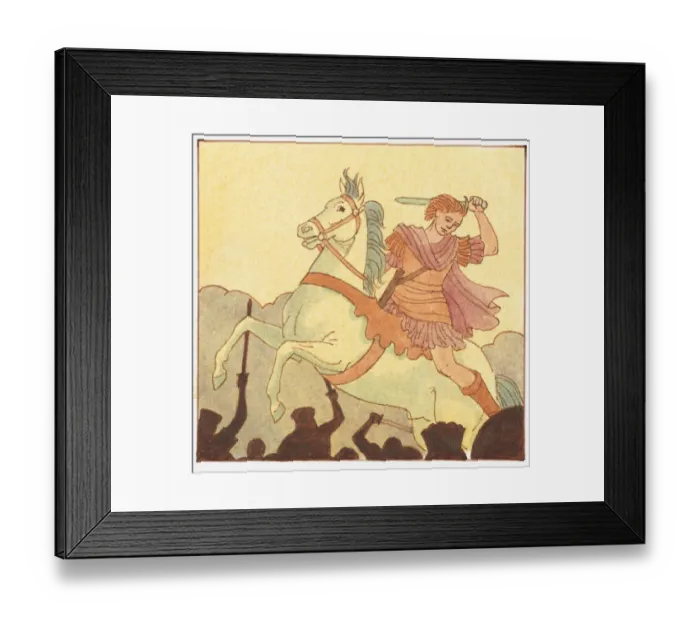 Framed Print : Illustration of Alexander the Great on in battle on horseback with sword above head Framed Print : Illustration of Alexander the Great on in battle on horseback with sword above head