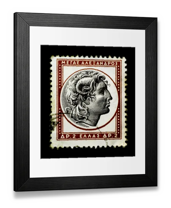 Framed Print : Alexander the Great on Greek stamp isolated in black