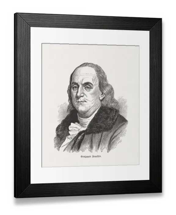 Framed Print : Benjamin Franklin (1706-1790), wood engraving, published in 1884 Framed Print : Benjamin Franklin (1706-1790), wood engraving, published in 1884