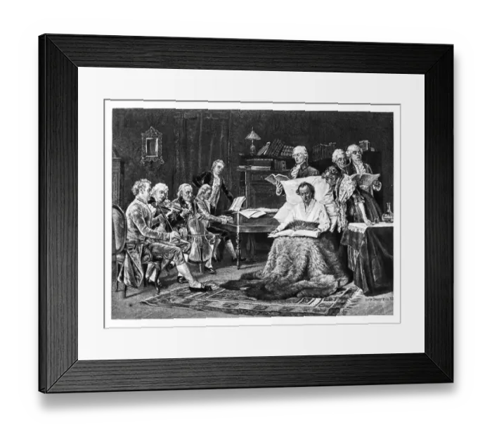 Framed Print : Mozart Singing His Requiem engraving 1894 Framed Print : Mozart Singing His Requiem engraving 1894