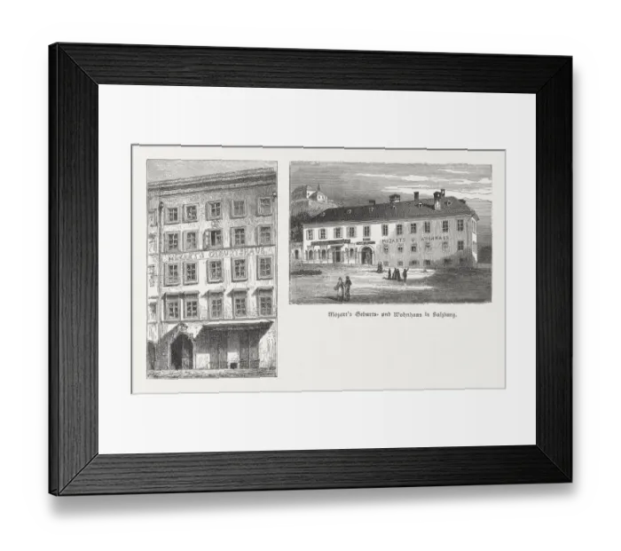 Framed Print : Birthplace and residence of Mozart, Salzburg, Austria, woodcuts, published 1885 Framed Print : Birthplace and residence of Mozart, Salzburg, Austria, woodcuts, published 1885