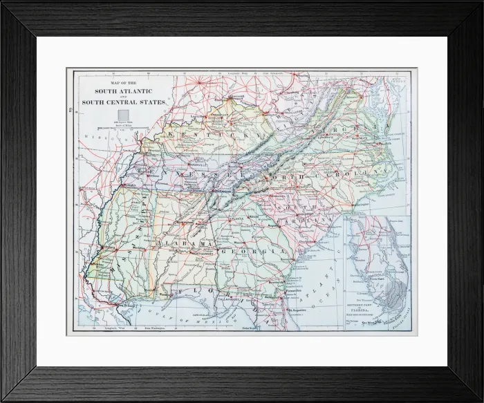 Framed Print : Antique map: USA - South Atlantic States Framed Print : Antique map: USA - South Atlantic States