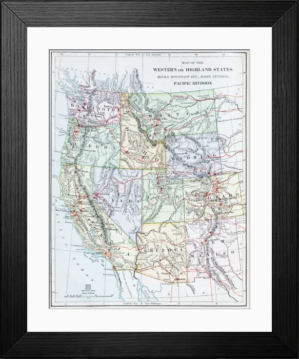 Framed Print : Antique map: USA - Western or Highland States Framed Print : Antique map: USA - Western or Highland States